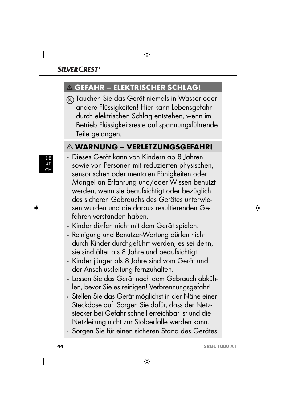 Kinder dürfen nicht mit dem gerät spielen, Sorgen sie für einen sicheren stand des gerätes | Silvercrest SRGL 1000 A1 User Manual | Page 47 / 53