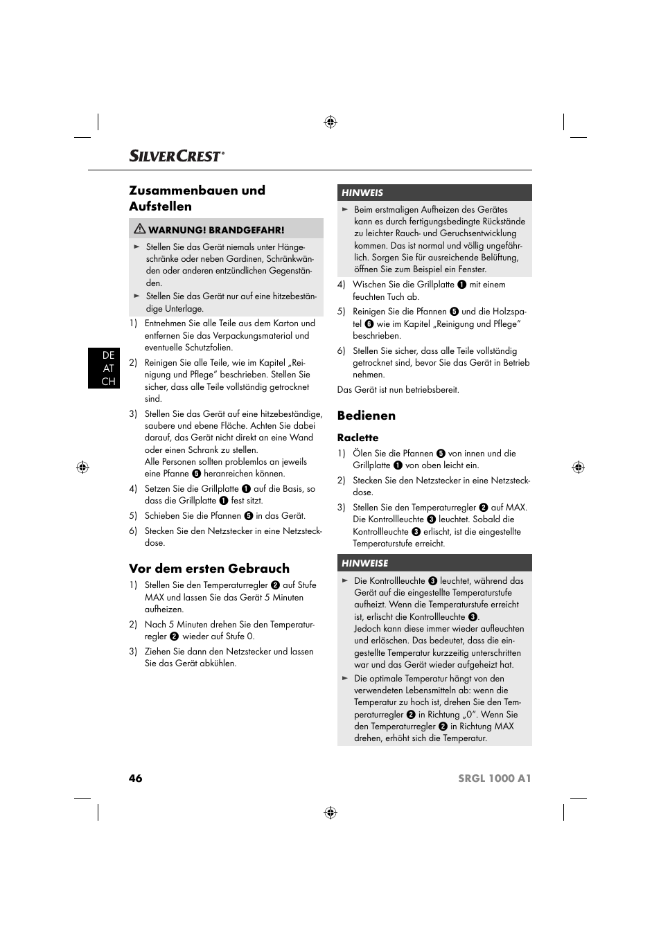 Zusammenbauen und aufstellen, Vor dem ersten gebrauch, Bedienen | Silvercrest SRGL 1000 A1 User Manual | Page 49 / 53