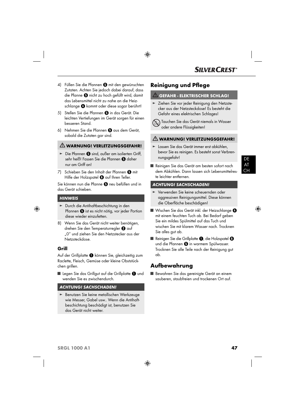 Reinigung und pﬂ ege, Aufbewahrung | Silvercrest SRGL 1000 A1 User Manual | Page 50 / 53