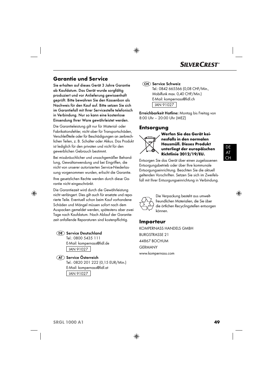 Garantie und service, Entsorgung, Importeur | Silvercrest SRGL 1000 A1 User Manual | Page 52 / 53