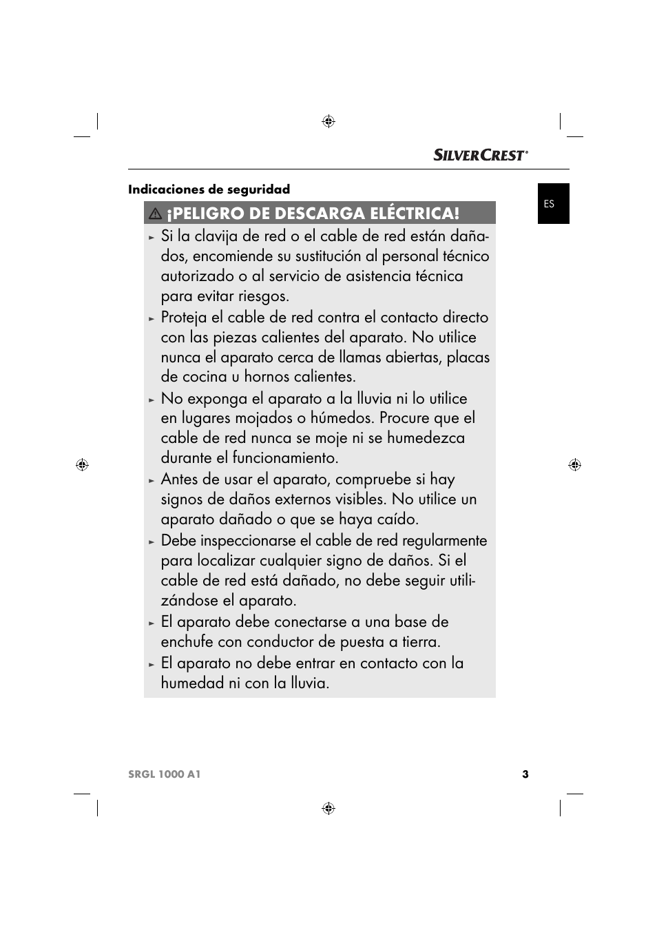 Peligro de descarga eléctrica | Silvercrest SRGL 1000 A1 User Manual | Page 6 / 53