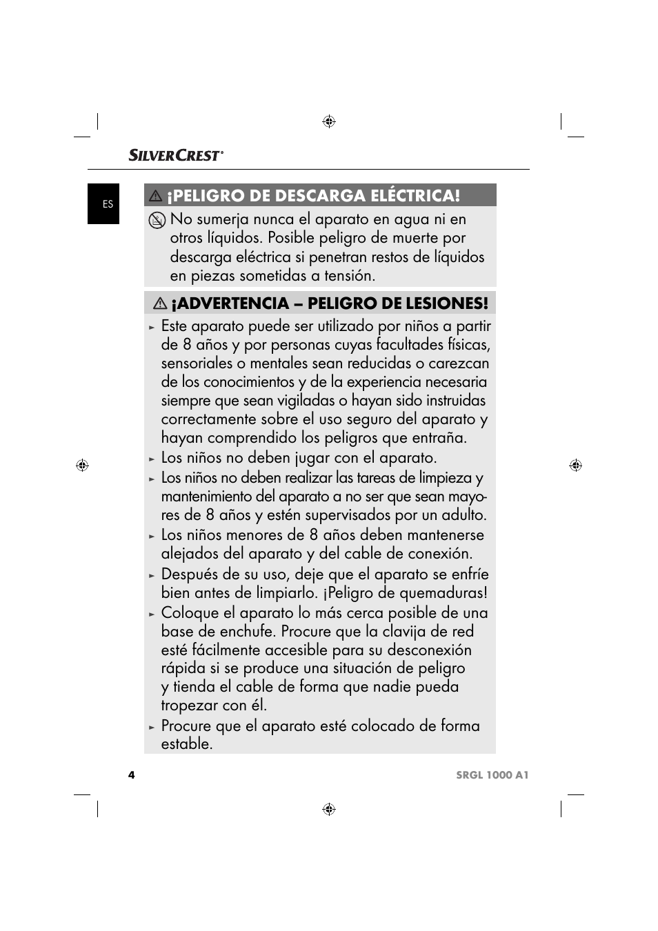 Los niños no deben jugar con el aparato | Silvercrest SRGL 1000 A1 User Manual | Page 7 / 53