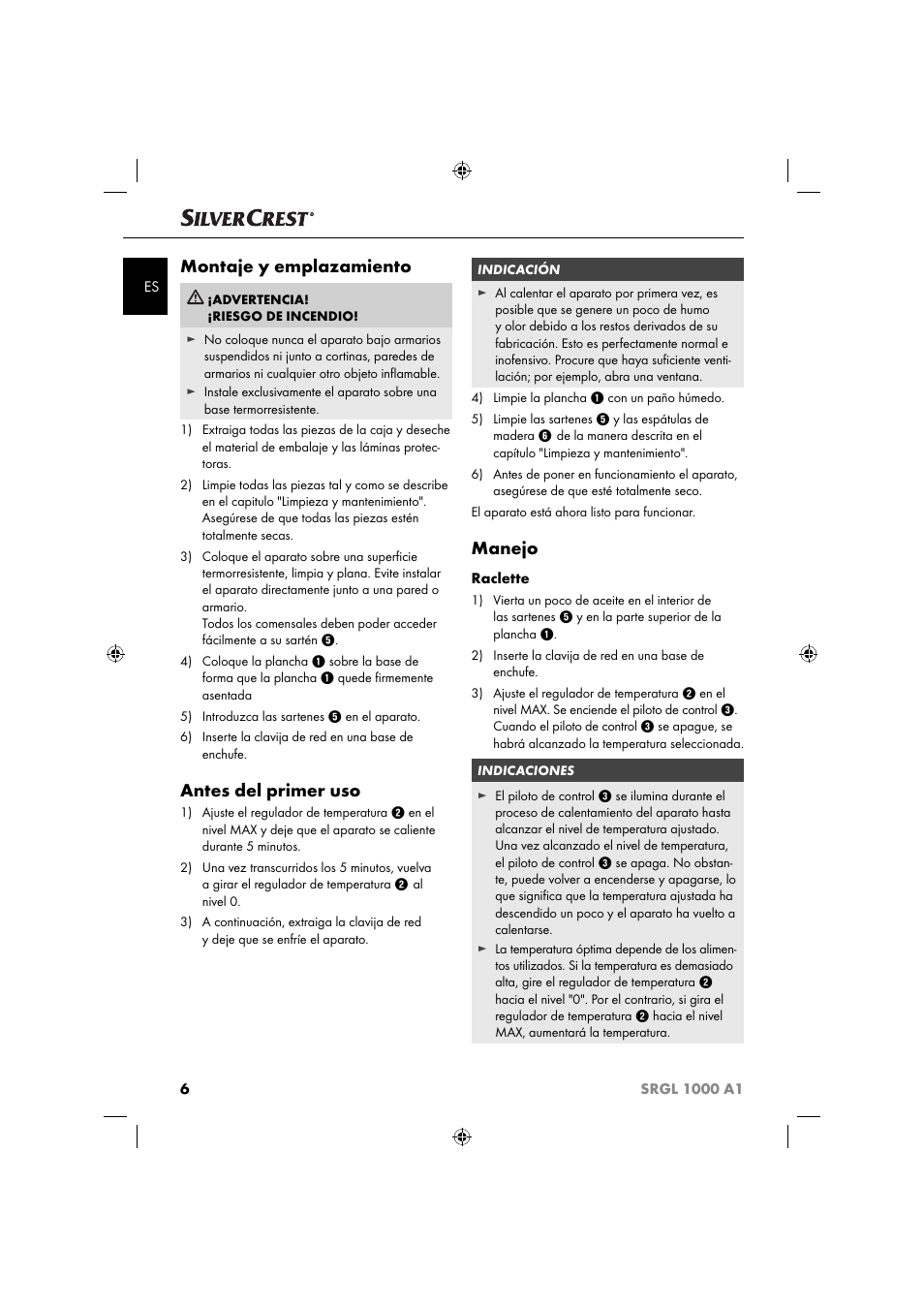 Montaje y emplazamiento, Antes del primer uso, Manejo | Silvercrest SRGL 1000 A1 User Manual | Page 9 / 53