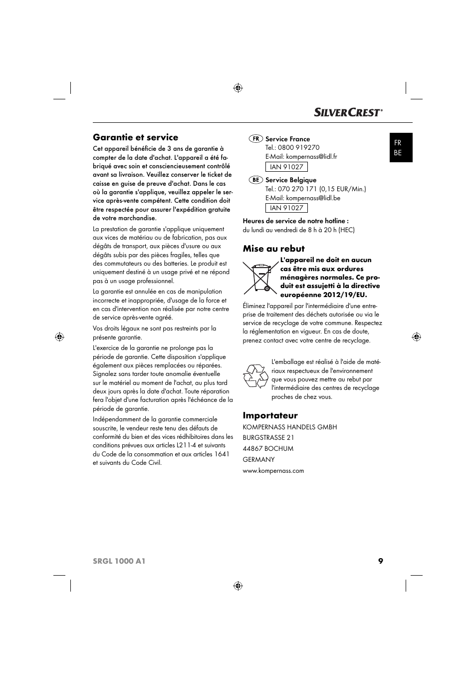 Garantie et service, Mise au rebut, Importateur | Silvercrest SRGL 1000 A1 User Manual | Page 12 / 33