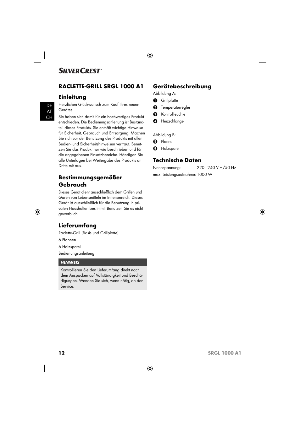 Bestimmungsgemäßer gebrauch, Lieferumfang, Gerätebeschreibung | Technische daten | Silvercrest SRGL 1000 A1 User Manual | Page 15 / 33