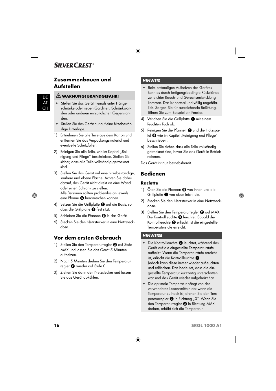 Zusammenbauen und aufstellen, Vor dem ersten gebrauch, Bedienen | Silvercrest SRGL 1000 A1 User Manual | Page 19 / 33