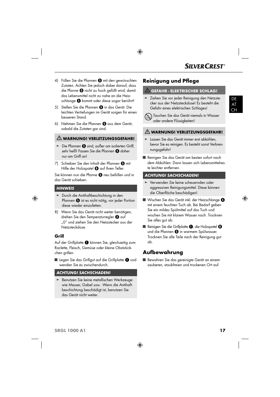 Reinigung und pﬂ ege, Aufbewahrung | Silvercrest SRGL 1000 A1 User Manual | Page 20 / 33