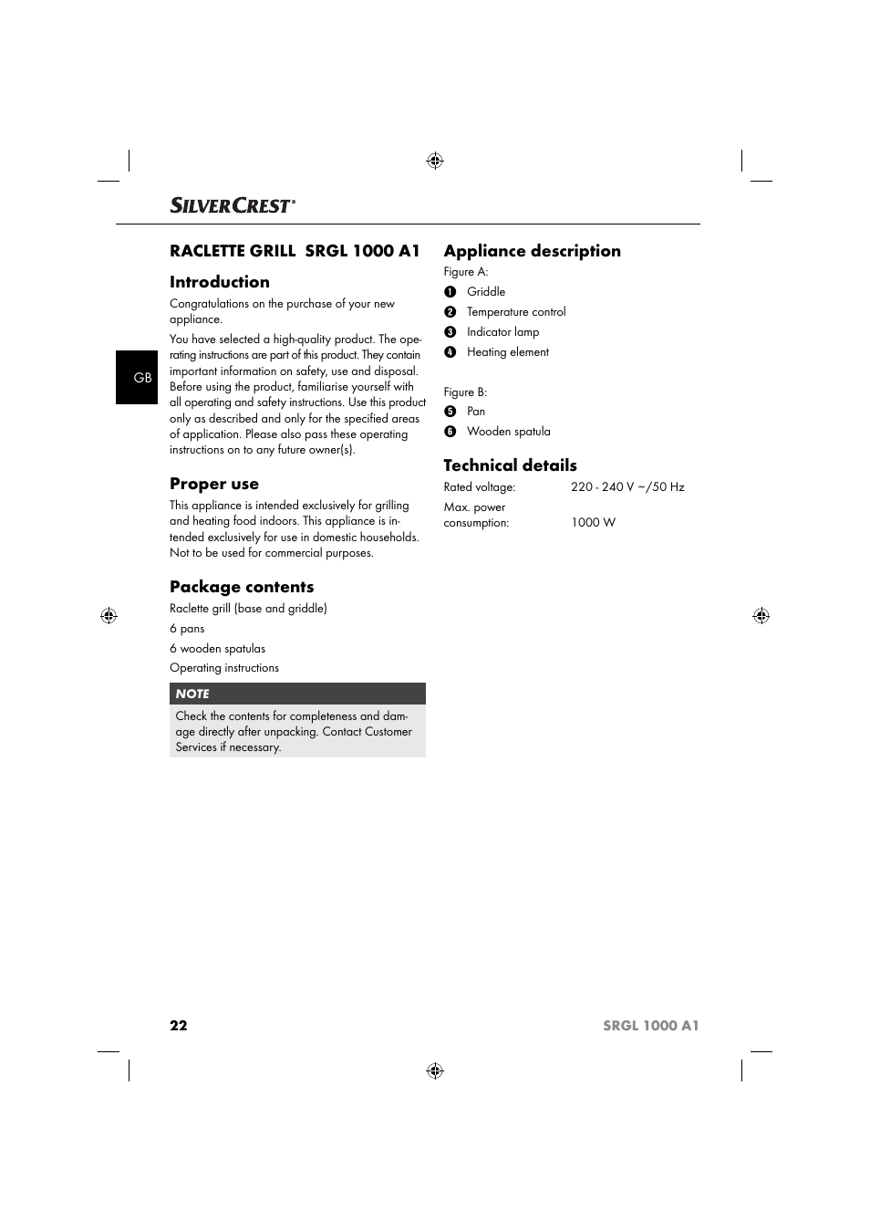 Proper use, Package contents, Appliance description | Technical details | Silvercrest SRGL 1000 A1 User Manual | Page 25 / 33