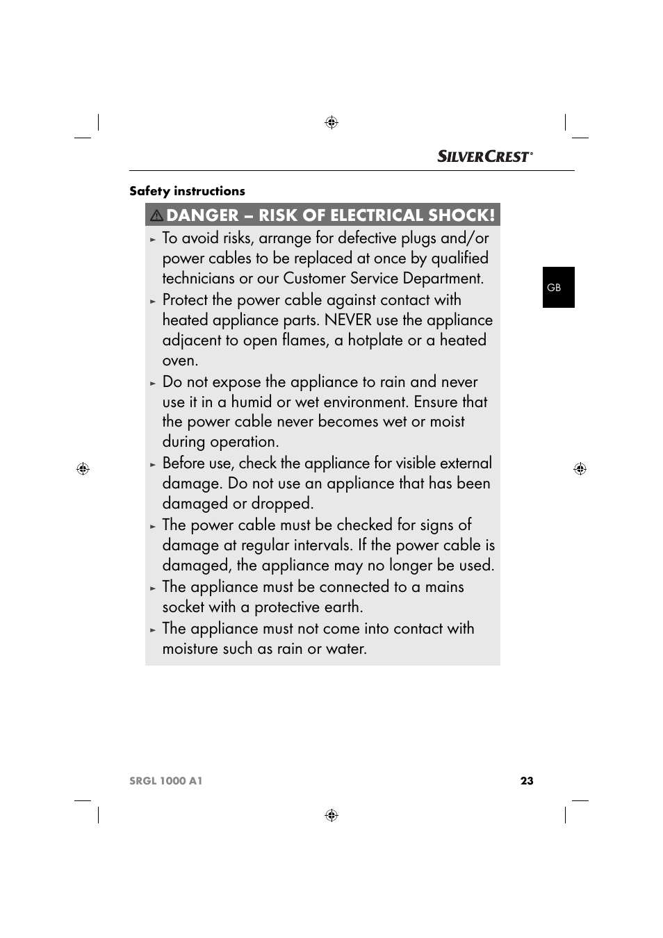 Danger – risk of electrical shock | Silvercrest SRGL 1000 A1 User Manual | Page 26 / 33