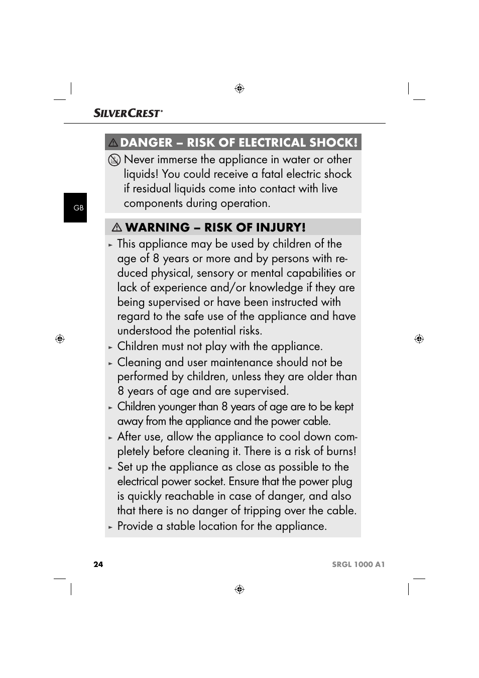 Children must not play with the appliance, Provide a stable location for the appliance | Silvercrest SRGL 1000 A1 User Manual | Page 27 / 33