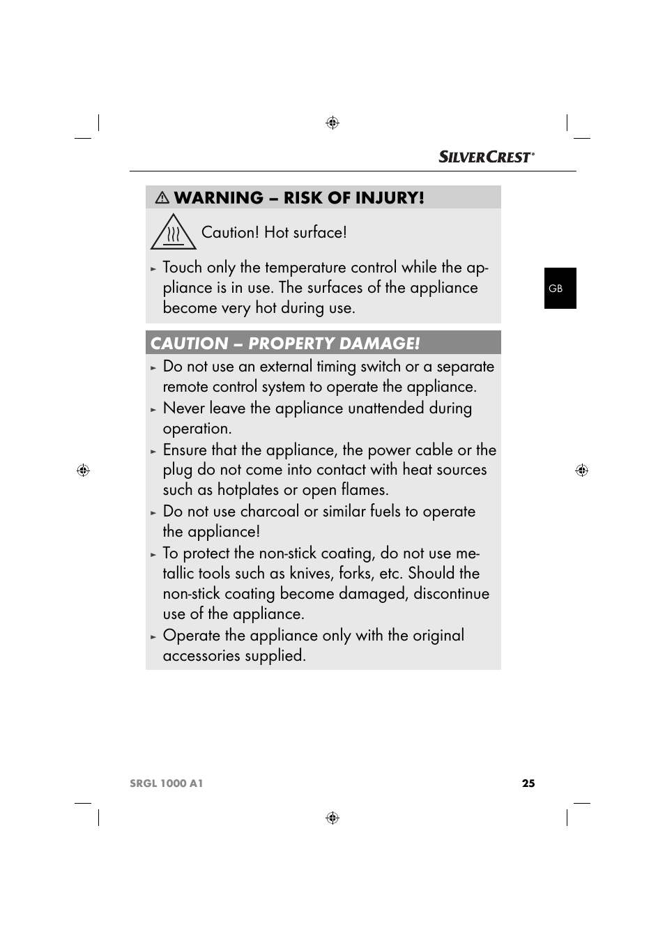 Warning – risk of injury! caution! hot surface | Silvercrest SRGL 1000 A1 User Manual | Page 28 / 33