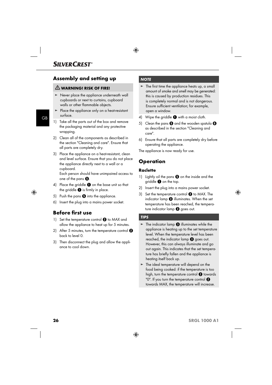 Assembly and setting up, Before ﬁ rst use, Operation | Silvercrest SRGL 1000 A1 User Manual | Page 29 / 33