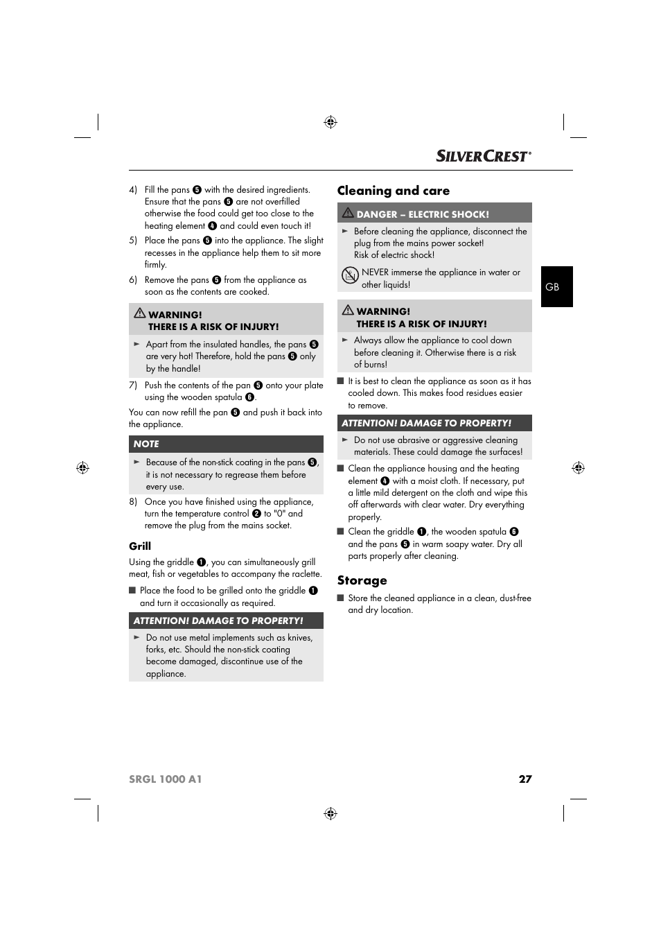 Cleaning and care, Storage | Silvercrest SRGL 1000 A1 User Manual | Page 30 / 33