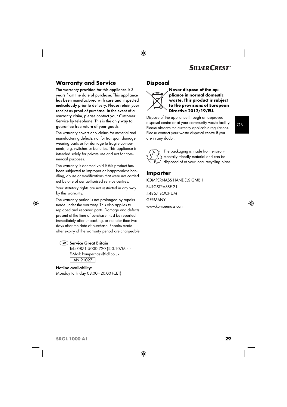 Warranty and service, Disposal, Importer | Silvercrest SRGL 1000 A1 User Manual | Page 32 / 33