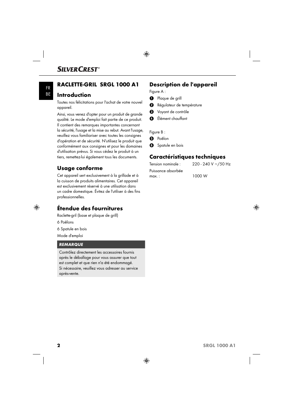 Usage conforme, Étendue des fournitures, Description de l'appareil | Caractéristiques techniques | Silvercrest SRGL 1000 A1 User Manual | Page 5 / 33