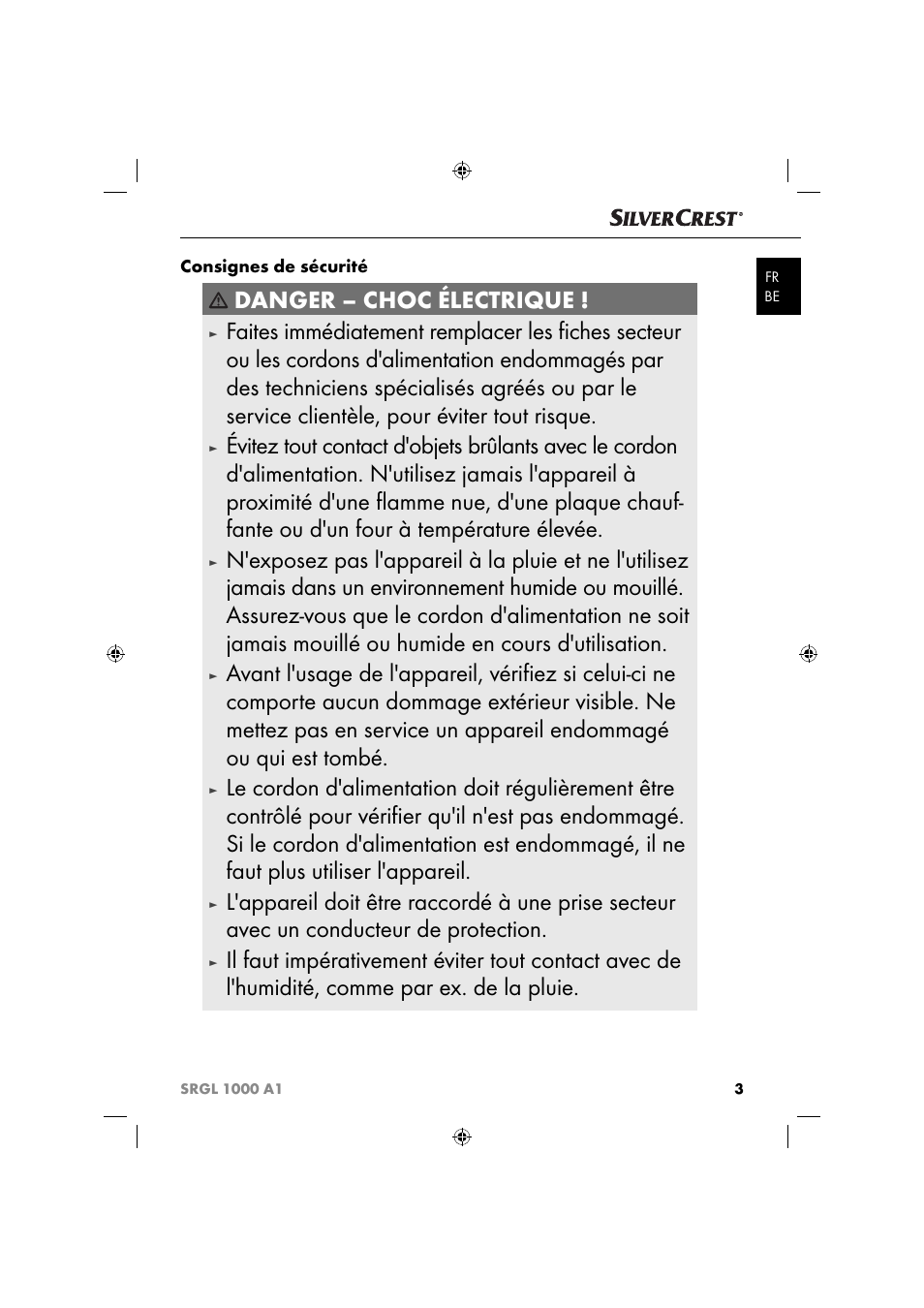 Danger – choc électrique | Silvercrest SRGL 1000 A1 User Manual | Page 6 / 33