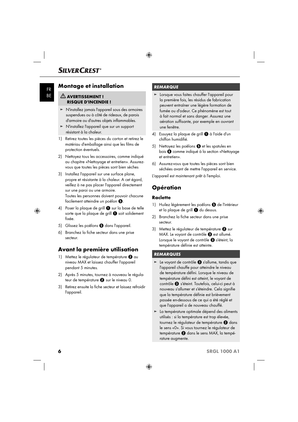 Montage et installation, Avant la première utilisation, Opération | Silvercrest SRGL 1000 A1 User Manual | Page 9 / 33