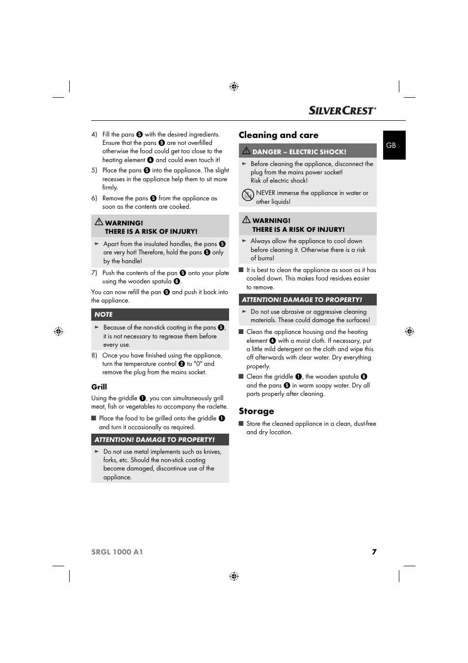 Cleaning and care, Storage | Silvercrest SRGL 1000 A1 User Manual | Page 10 / 43