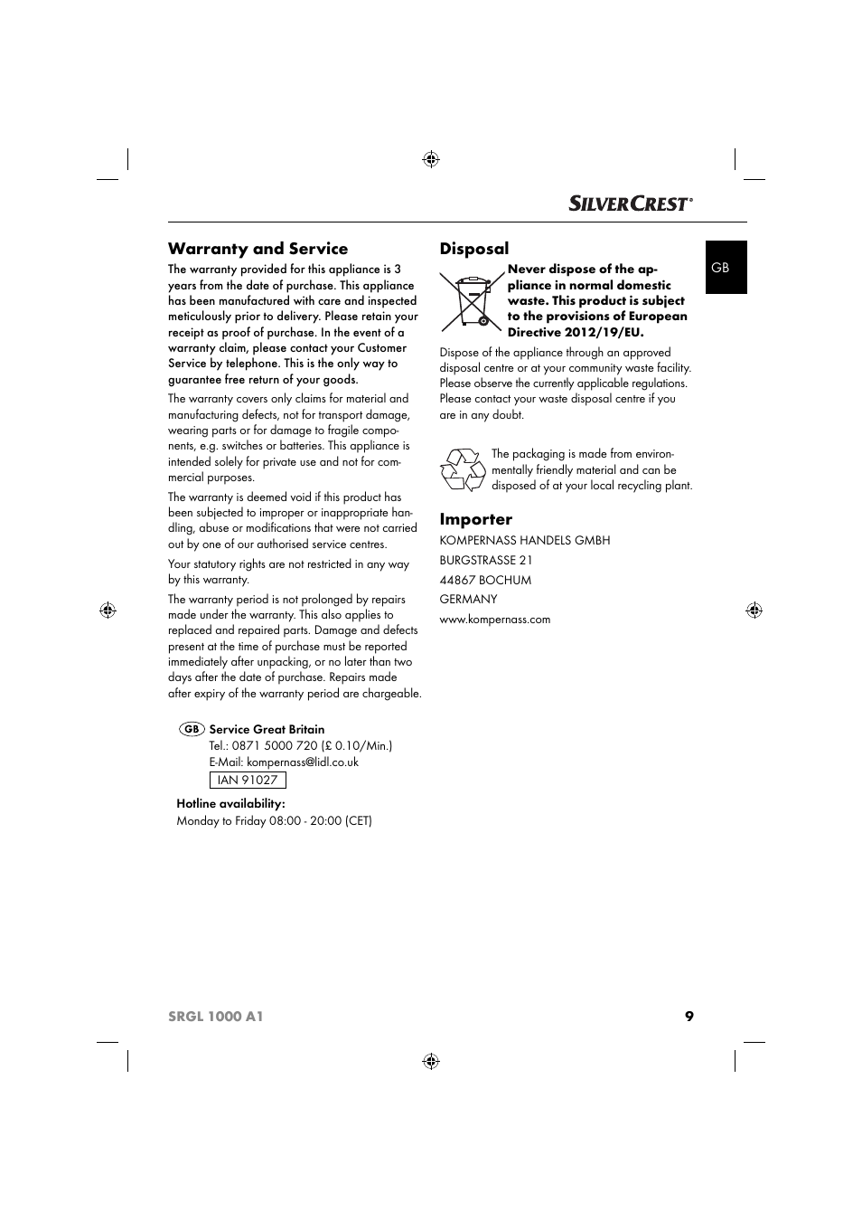 Warranty and service, Disposal, Importer | Silvercrest SRGL 1000 A1 User Manual | Page 12 / 43