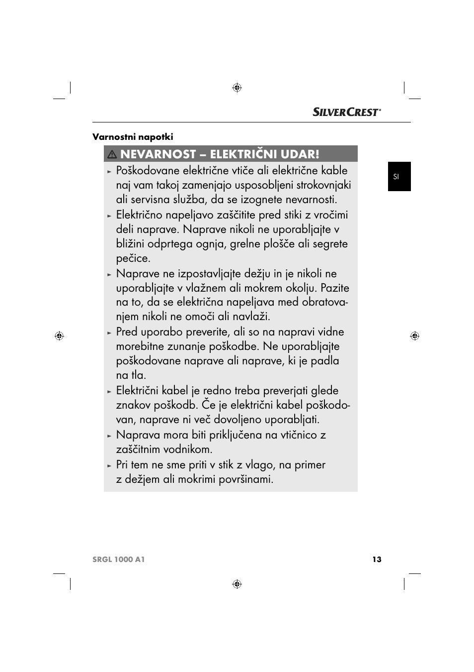 Nevarnost ‒ električni udar | Silvercrest SRGL 1000 A1 User Manual | Page 16 / 43