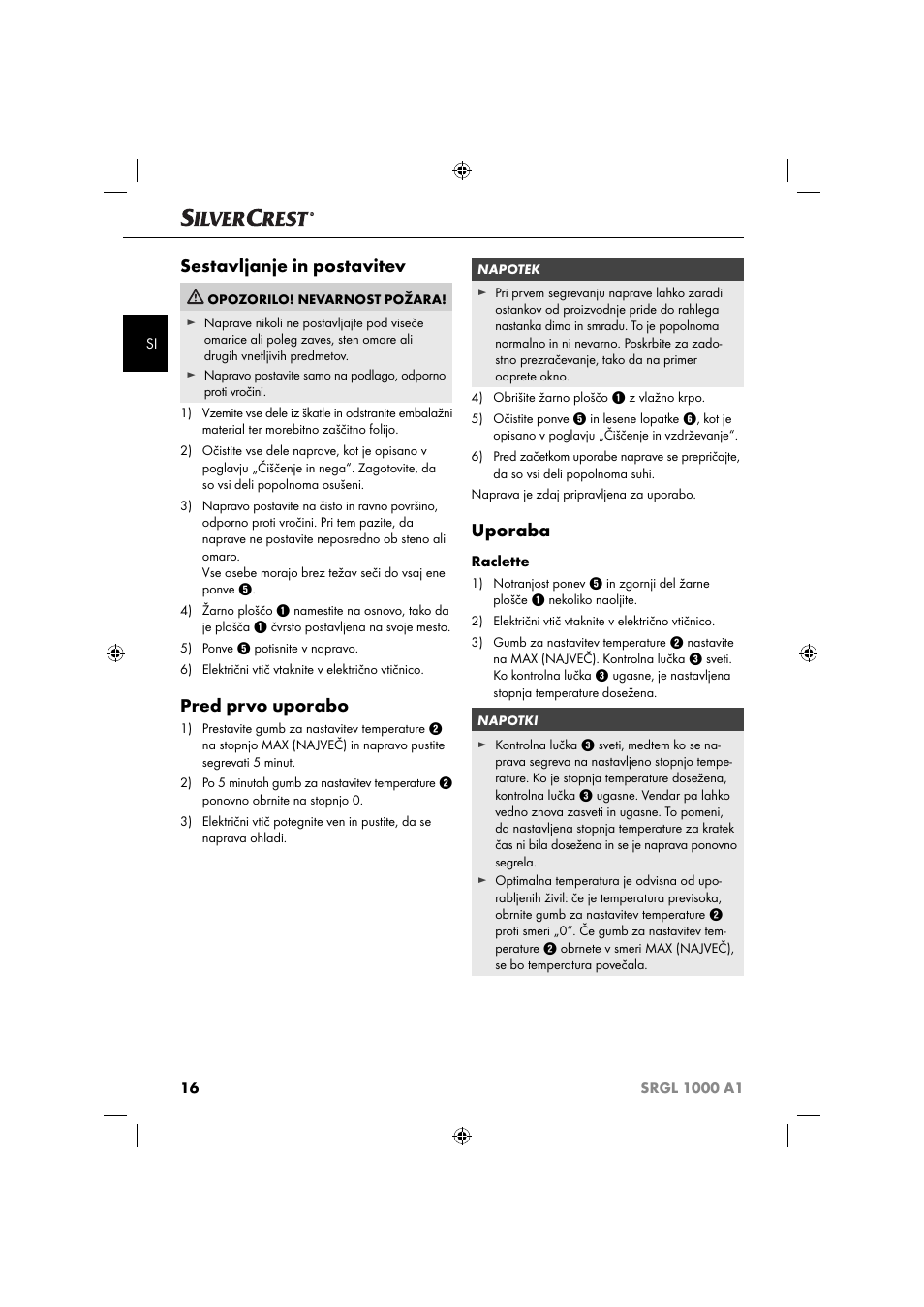 Sestavljanje in postavitev, Pred prvo uporabo, Uporaba | Silvercrest SRGL 1000 A1 User Manual | Page 19 / 43