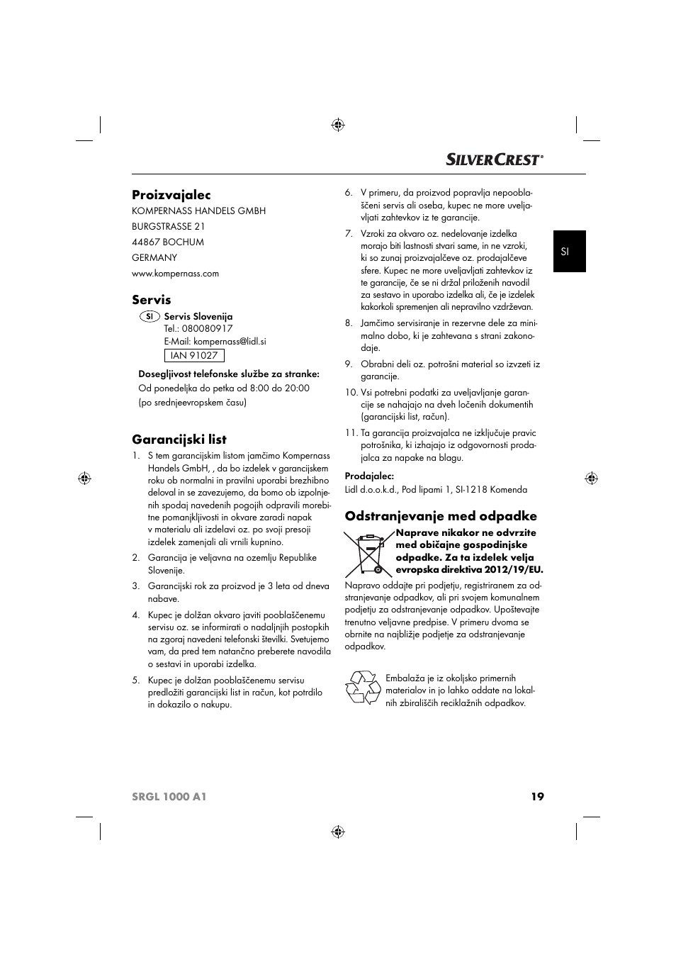 Proizvajalec, Servis, Garancijski list | Odstranjevanje med odpadke | Silvercrest SRGL 1000 A1 User Manual | Page 22 / 43
