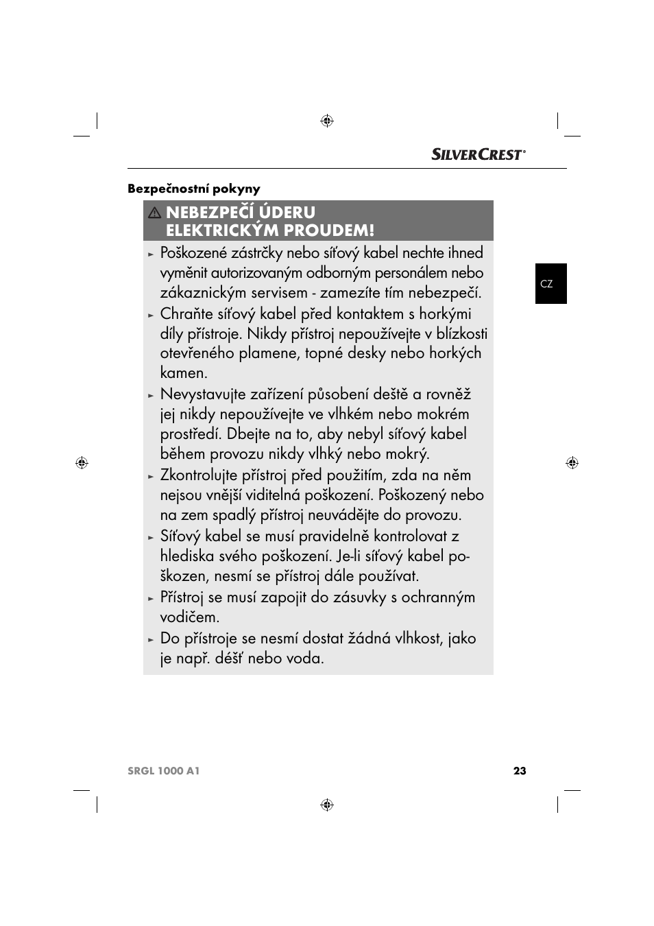 Nebezpečí úderu elektrickým proudem | Silvercrest SRGL 1000 A1 User Manual | Page 26 / 43