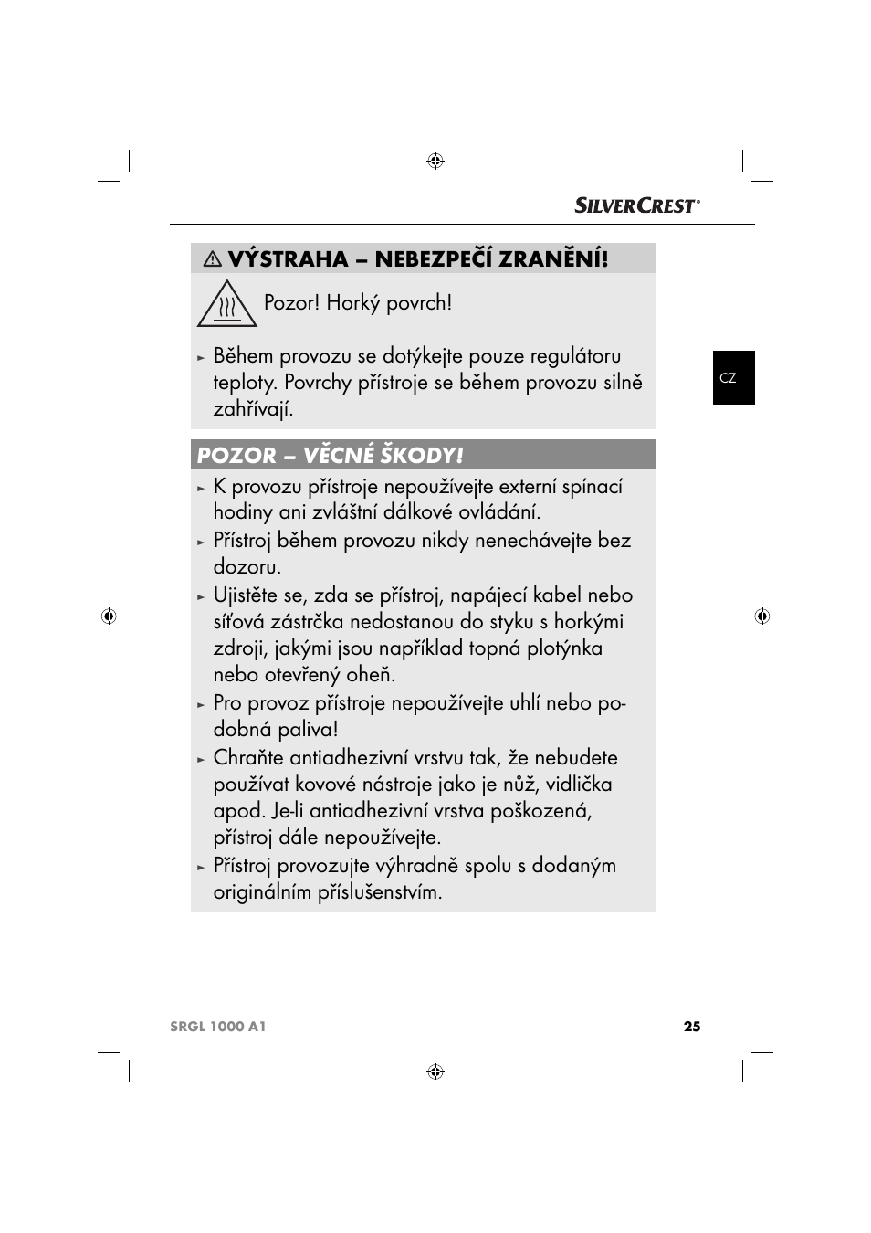Výstraha – nebezpečí zranění! pozor! horký povrch | Silvercrest SRGL 1000 A1 User Manual | Page 28 / 43