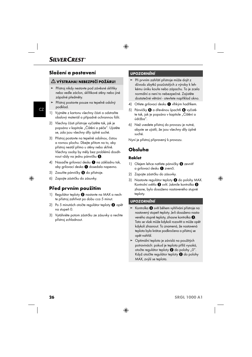 Složení a postavení, Před prvním použitím, Obsluha | Silvercrest SRGL 1000 A1 User Manual | Page 29 / 43