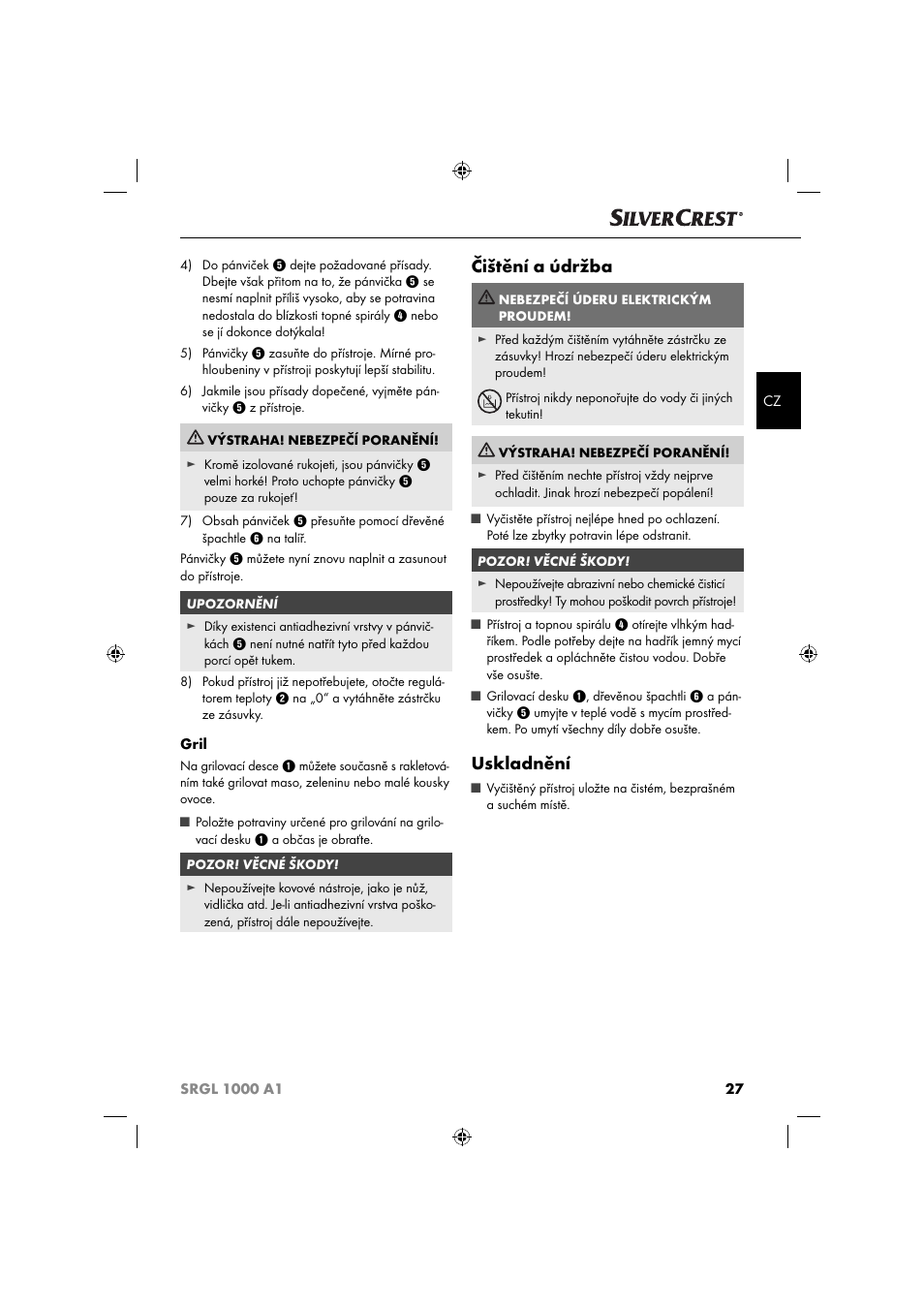 Čištění a údržba, Uskladnění | Silvercrest SRGL 1000 A1 User Manual | Page 30 / 43