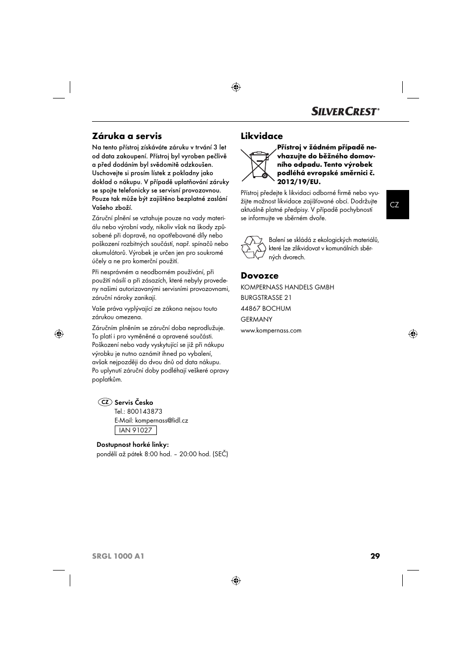 Záruka a servis, Likvidace, Dovozce | Silvercrest SRGL 1000 A1 User Manual | Page 32 / 43