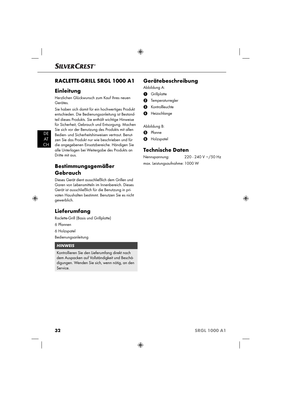 Bestimmungsgemäßer gebrauch, Lieferumfang, Gerätebeschreibung | Technische daten | Silvercrest SRGL 1000 A1 User Manual | Page 35 / 43