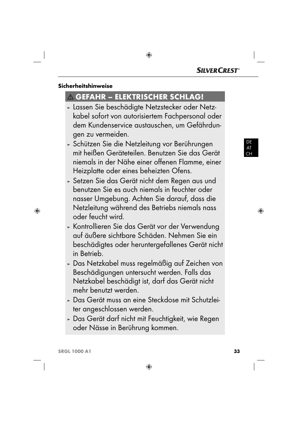 Gefahr – elektrischer schlag | Silvercrest SRGL 1000 A1 User Manual | Page 36 / 43