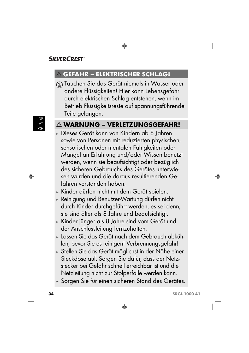 Kinder dürfen nicht mit dem gerät spielen, Sorgen sie für einen sicheren stand des gerätes | Silvercrest SRGL 1000 A1 User Manual | Page 37 / 43