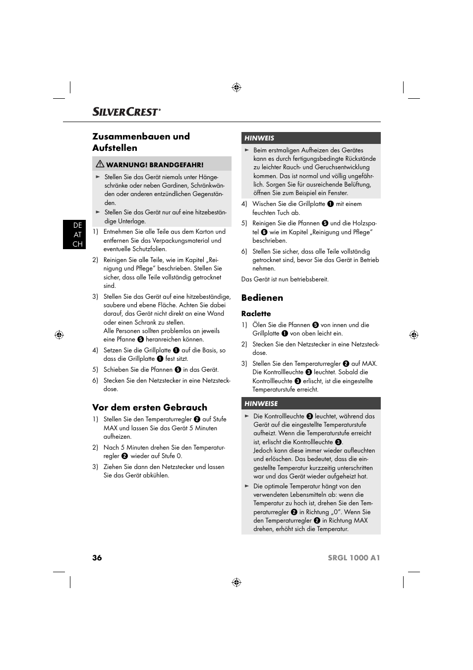 Zusammenbauen und aufstellen, Vor dem ersten gebrauch, Bedienen | Silvercrest SRGL 1000 A1 User Manual | Page 39 / 43
