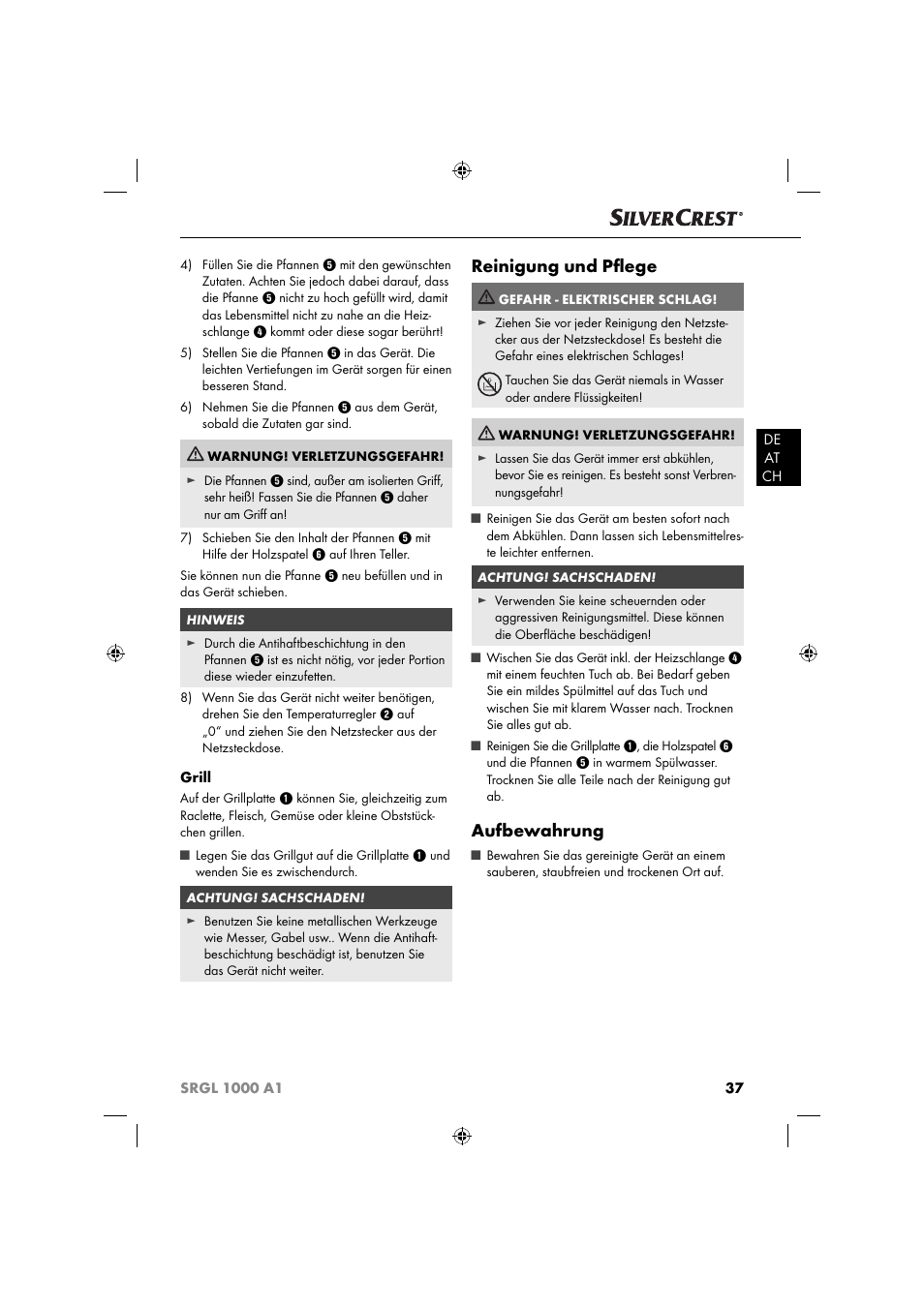 Reinigung und pﬂ ege, Aufbewahrung | Silvercrest SRGL 1000 A1 User Manual | Page 40 / 43