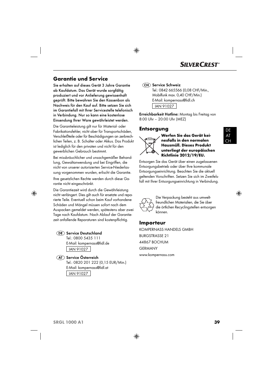 Garantie und service, Entsorgung, Importeur | Silvercrest SRGL 1000 A1 User Manual | Page 42 / 43