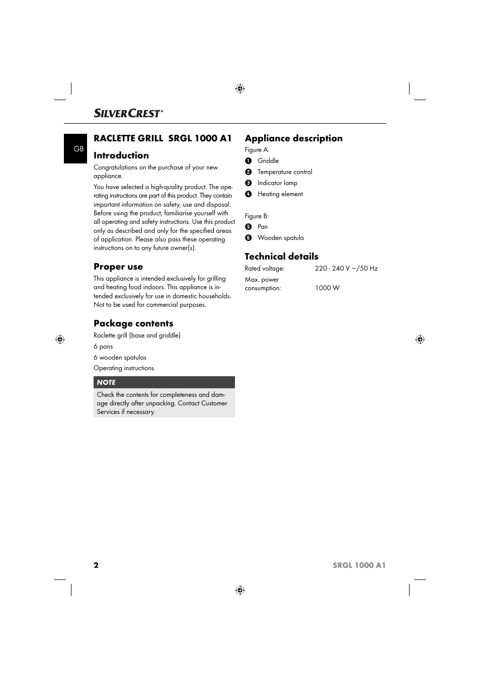 Proper use, Package contents, Appliance description | Technical details | Silvercrest SRGL 1000 A1 User Manual | Page 5 / 43