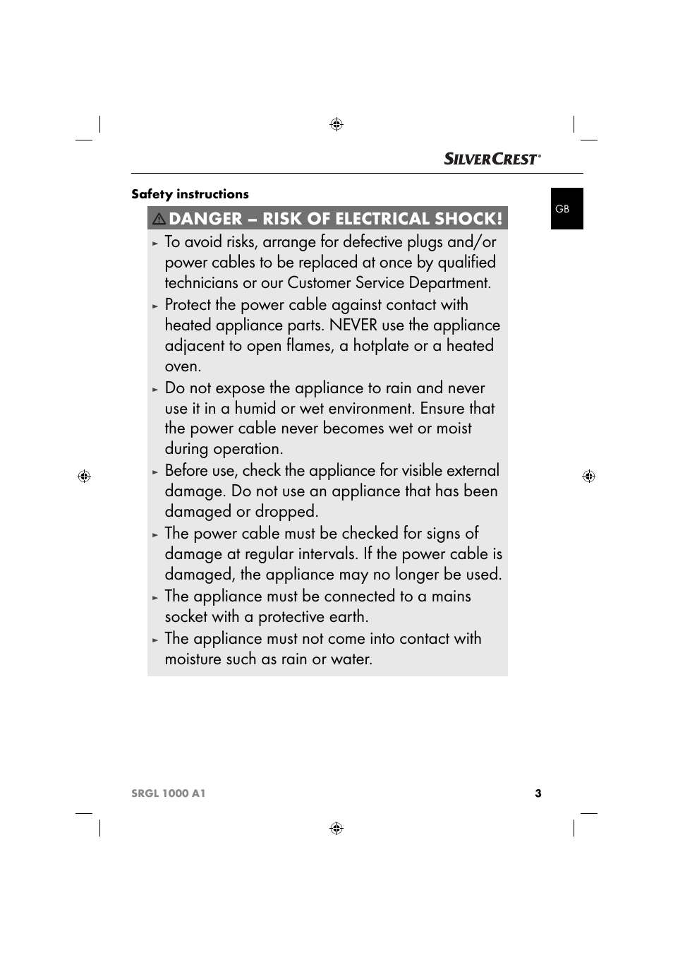 Danger – risk of electrical shock | Silvercrest SRGL 1000 A1 User Manual | Page 6 / 43