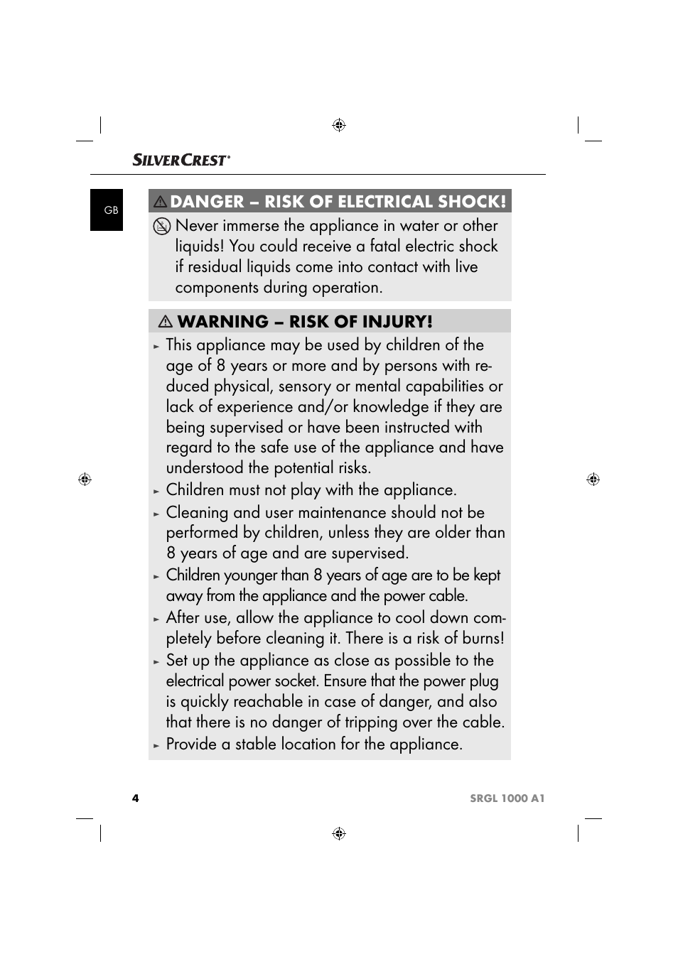 Children must not play with the appliance, Provide a stable location for the appliance | Silvercrest SRGL 1000 A1 User Manual | Page 7 / 43
