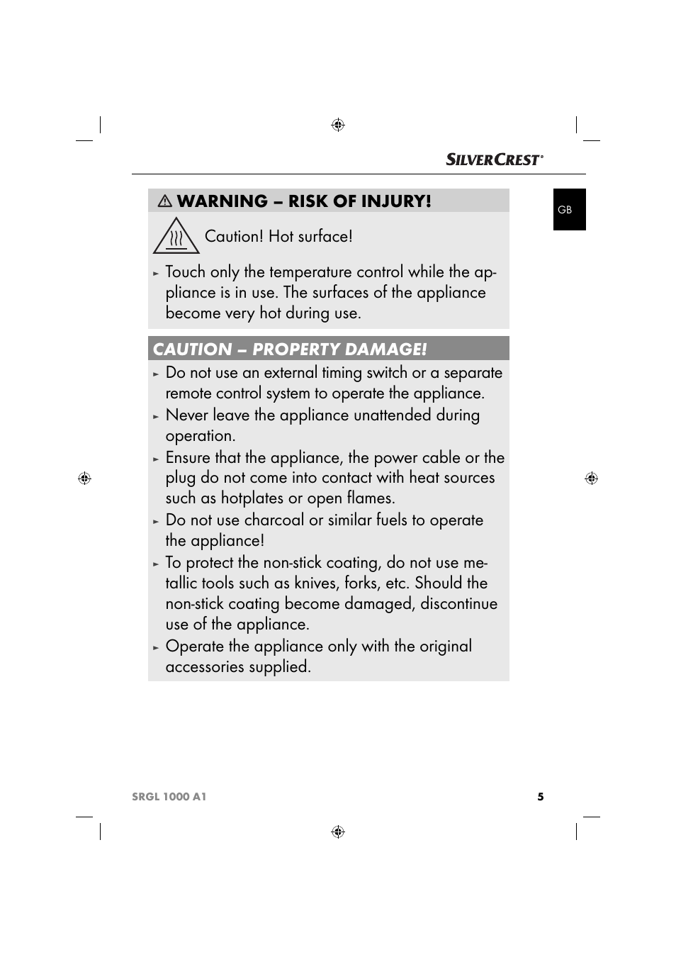 Warning – risk of injury! caution! hot surface | Silvercrest SRGL 1000 A1 User Manual | Page 8 / 43