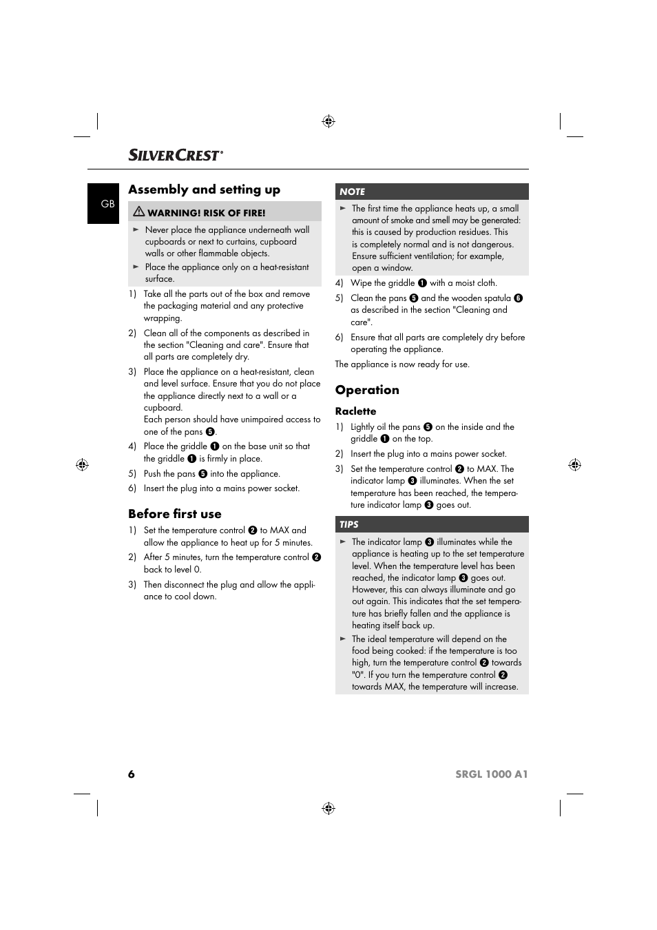 Assembly and setting up, Before ﬁ rst use, Operation | Silvercrest SRGL 1000 A1 User Manual | Page 9 / 43