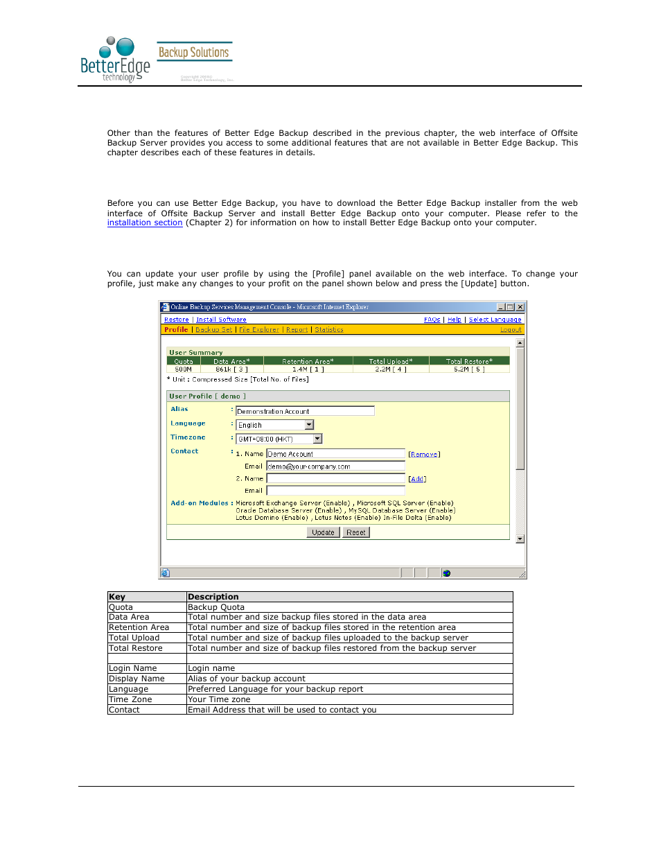17 web features, 1 install better edge backup, 2 update user profile | Better edge backup v5.2 | Deonet Backup Solutions 5.2.7.0 User Manual | Page 115 / 121