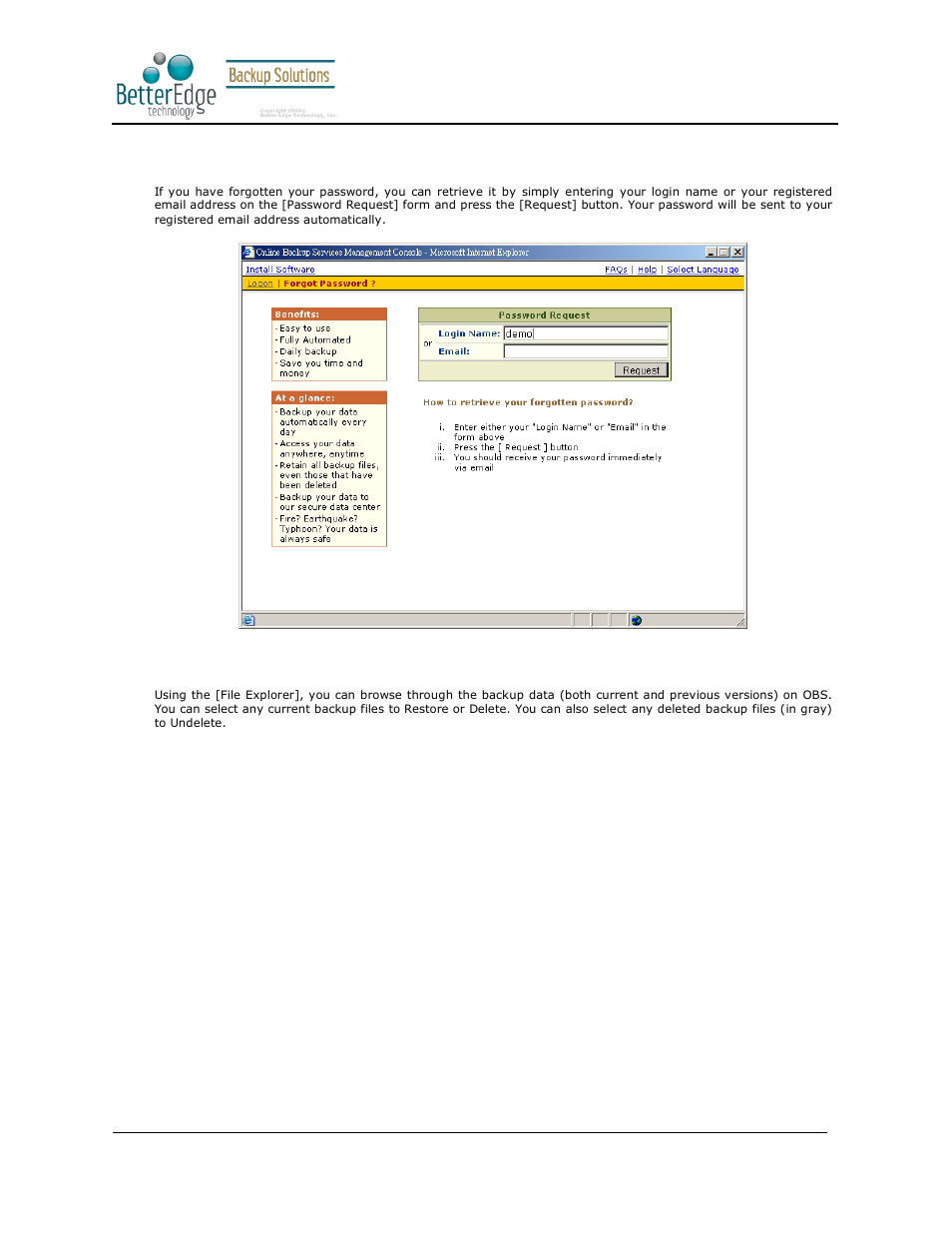 3 request forgotten password, 4 restore/delete/undelete backup files | Deonet Backup Solutions 5.2.7.0 User Manual | Page 116 / 121