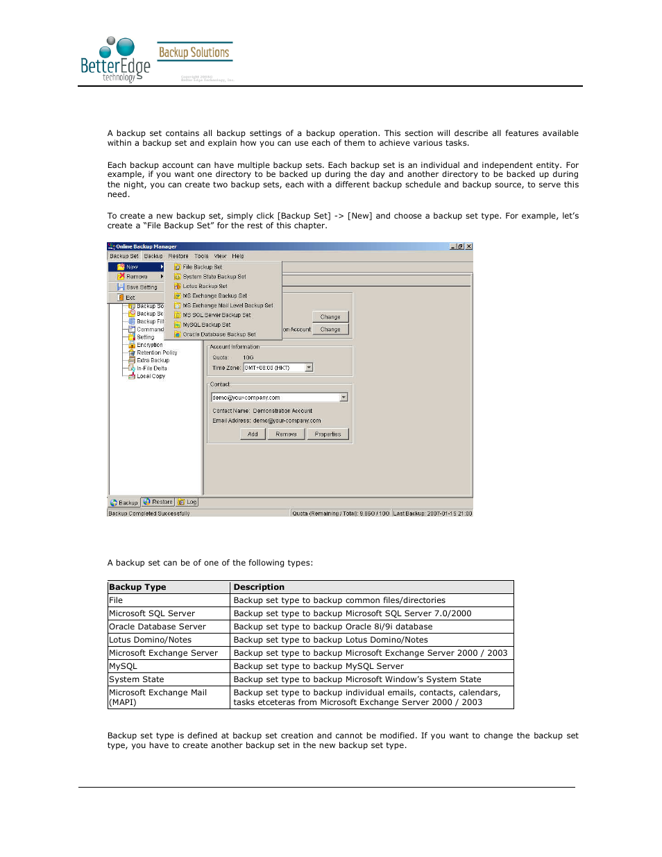 5setting up backup sets, 1 backup set type, Better edge backup v5.2 | Deonet Backup Solutions 5.2.7.0 User Manual | Page 20 / 121
