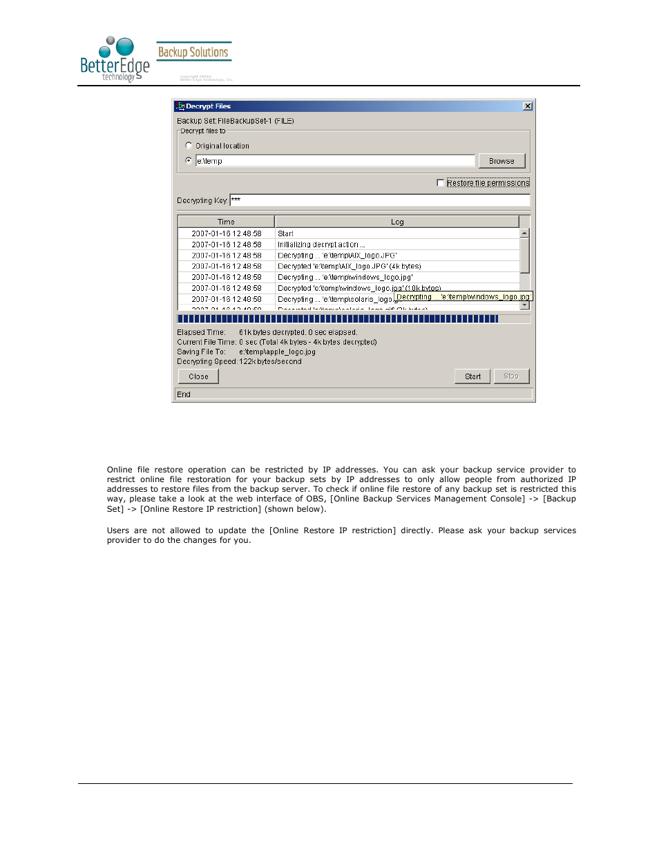 3 ip addresses restriction for online restore, Better edge backup v5.2 | Deonet Backup Solutions 5.2.7.0 User Manual | Page 53 / 121