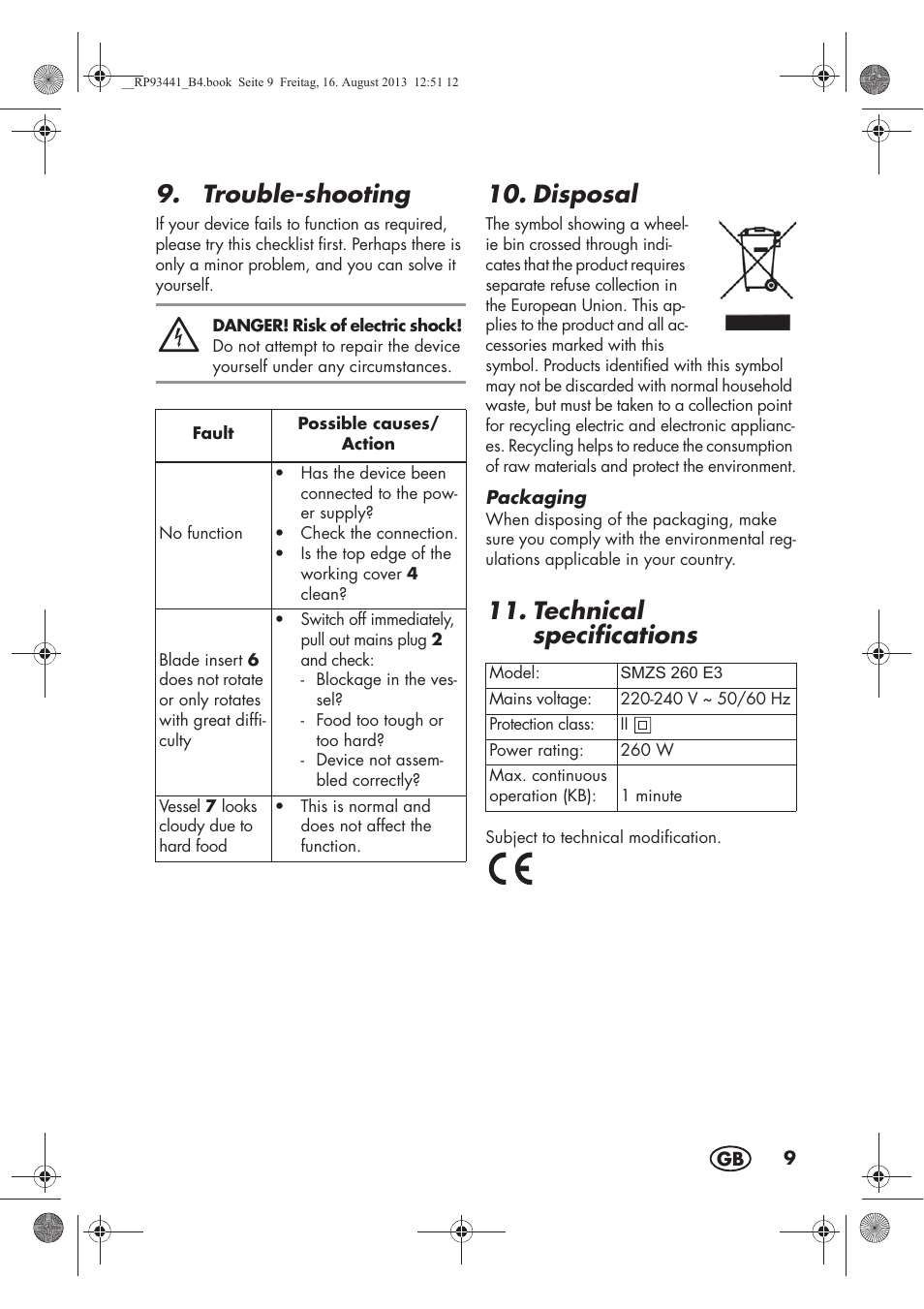 Trouble-shooting, Disposal, Technical specifications | Silvercrest SMZS 260 E3 User Manual | Page 11 / 78