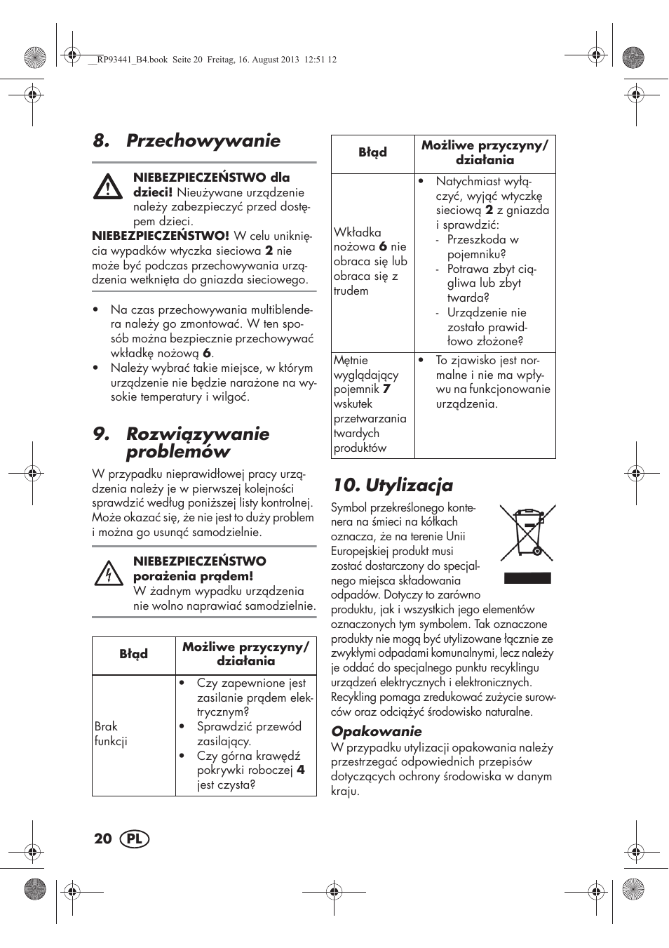 Przechowywanie, Rozwizywanie problemów, Utylizacja | Silvercrest SMZS 260 E3 User Manual | Page 22 / 78
