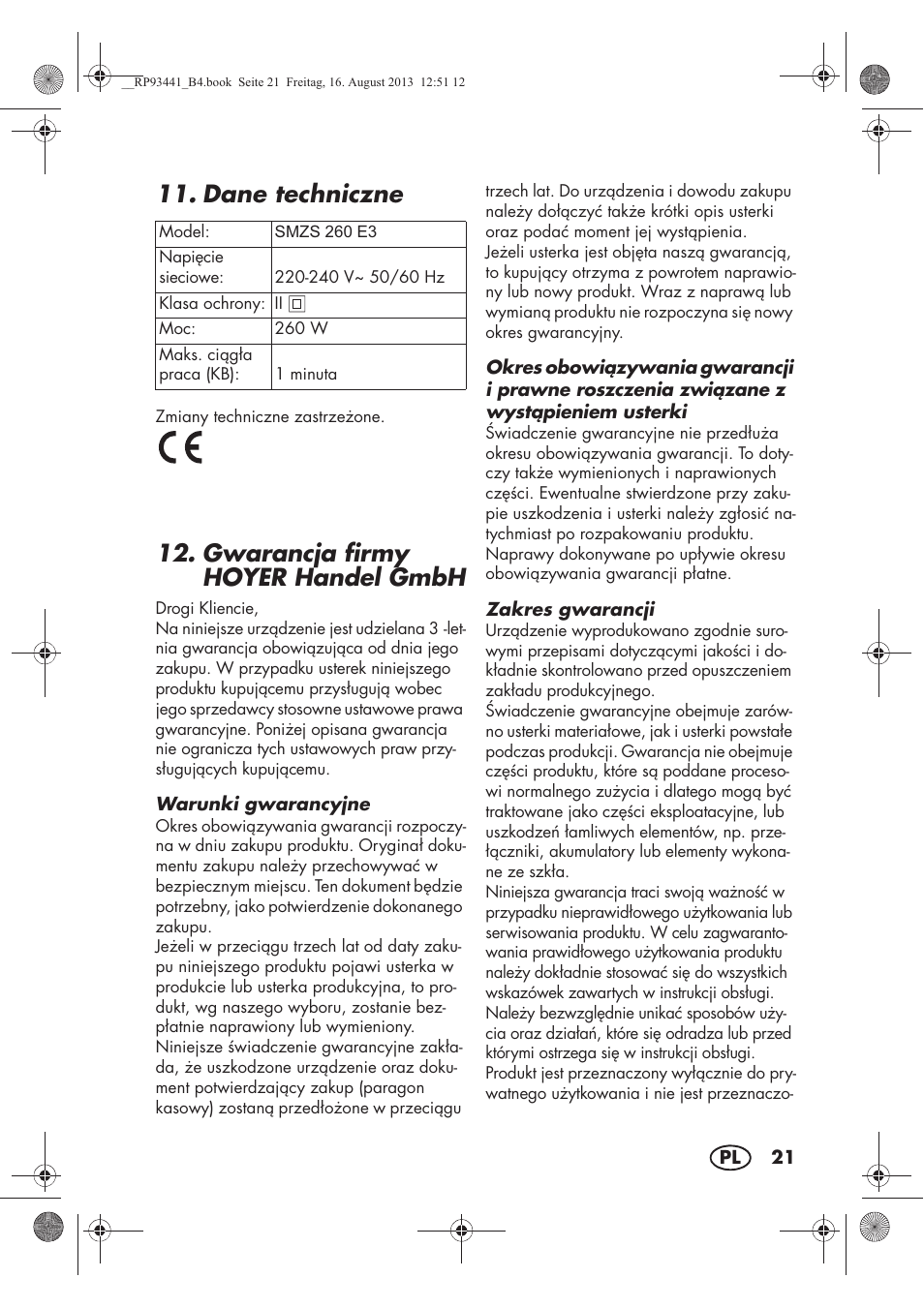 Dane techniczne, Gwarancja firmy hoyer handel gmbh | Silvercrest SMZS 260 E3 User Manual | Page 23 / 78