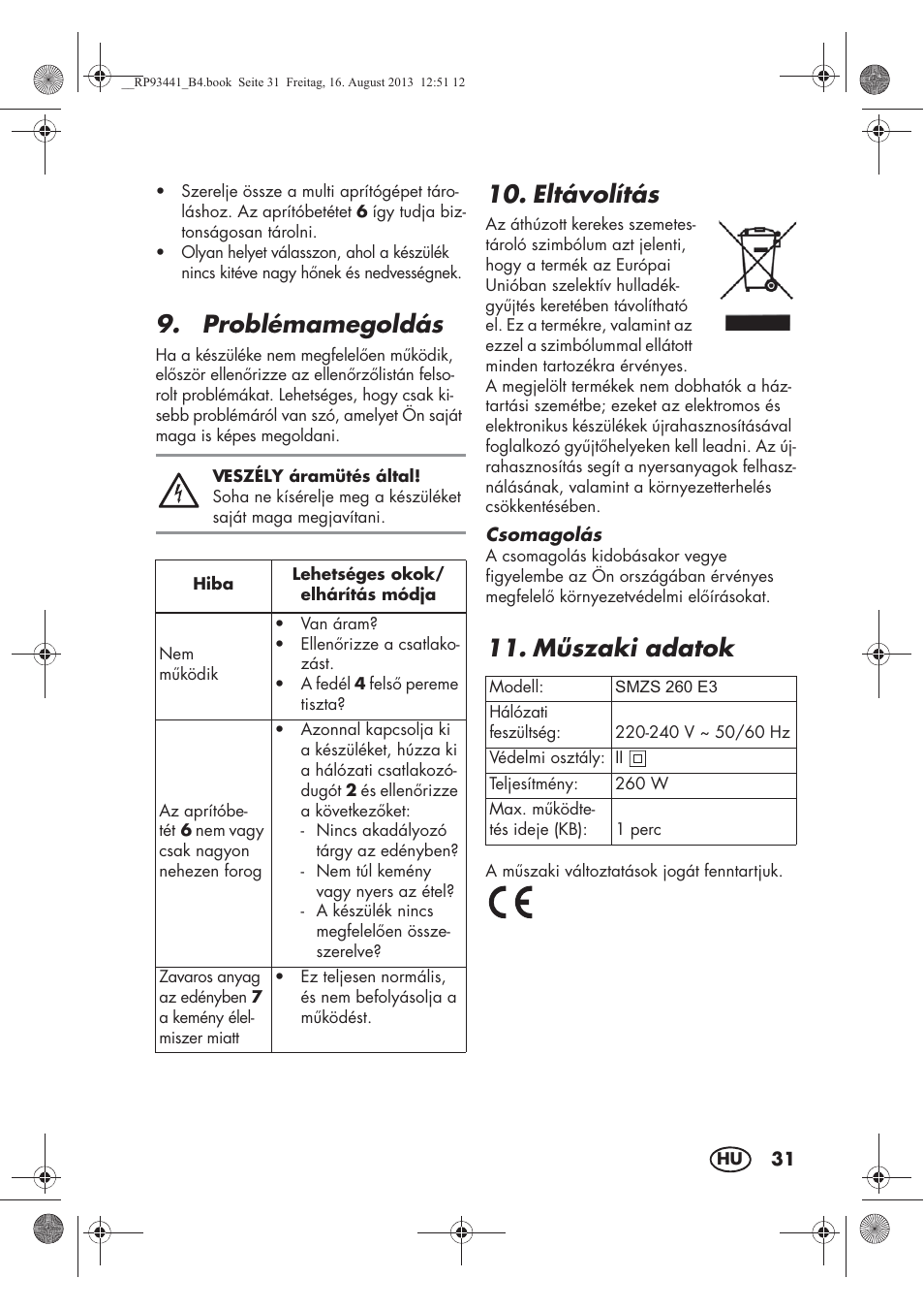 Problémamegoldás, Eltávolítás, Mszaki adatok | Silvercrest SMZS 260 E3 User Manual | Page 33 / 78